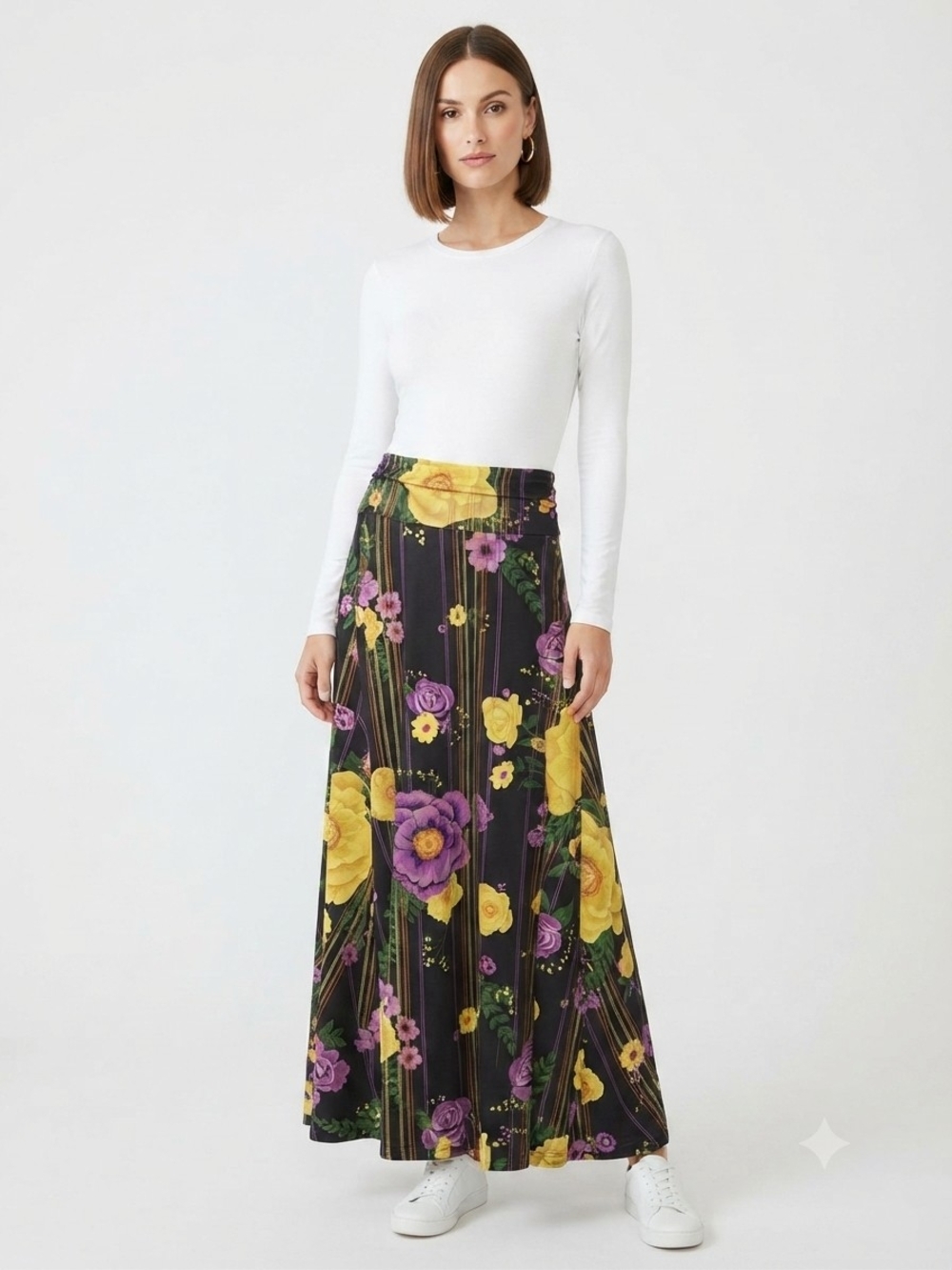 Long Floral Maxi Skirt in Black with Yellow & Purple Flowers Up To Size 3XL